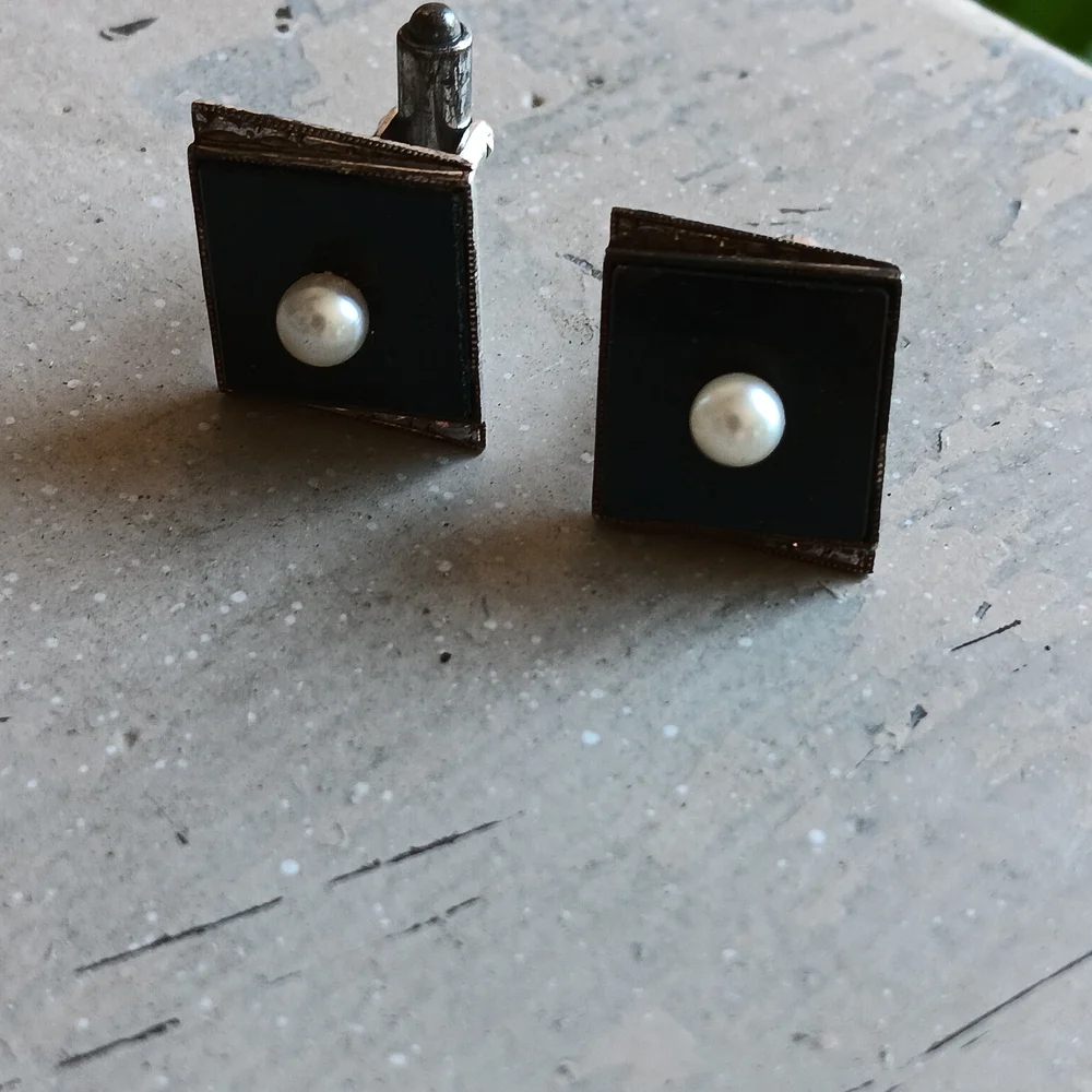 Vintage Sterling Silver Onyx Cufflinks with Pearl Accent